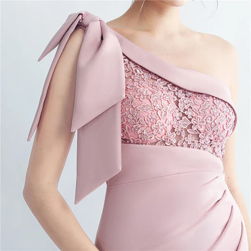 Candy Color Satin One-Shoulder Evening Dress with Slit and Appliques