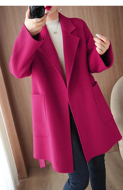 Women Double-Sided Woolen Cashmere Coat with Belt