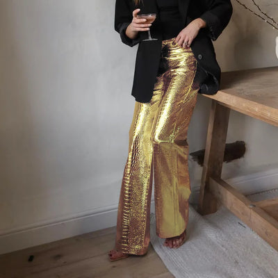 High Waisted Baggy PU Pants | Silver & Gold Loose Trousers