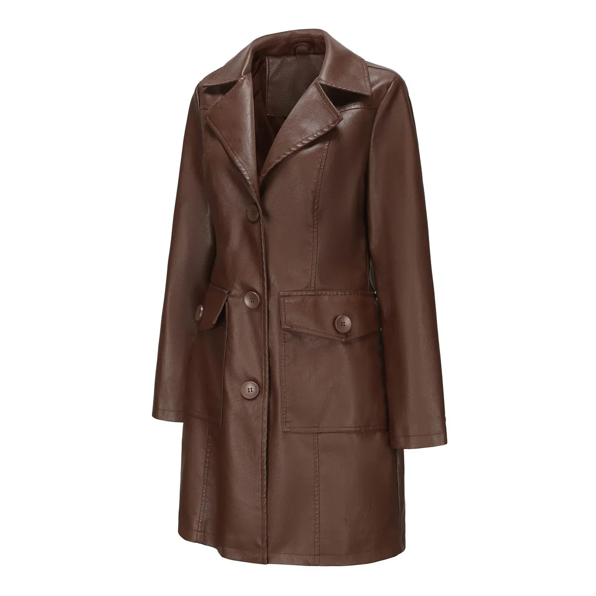 Red PU Leather Waist Lace-Up Long Jacket - Women's Fashion Overcoat