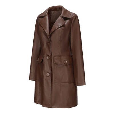 Red PU Leather Waist Lace-Up Long Jacket - Women's Fashion Overcoat