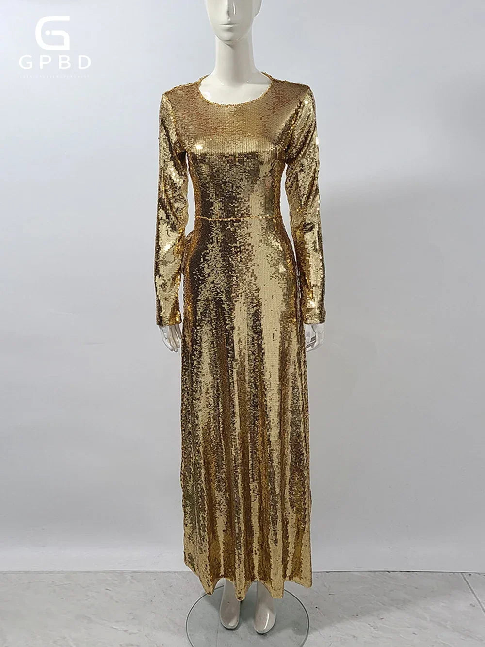 Gold Sequin Backless Evening Dress with Bow - Slim Fit, Long Sleeves