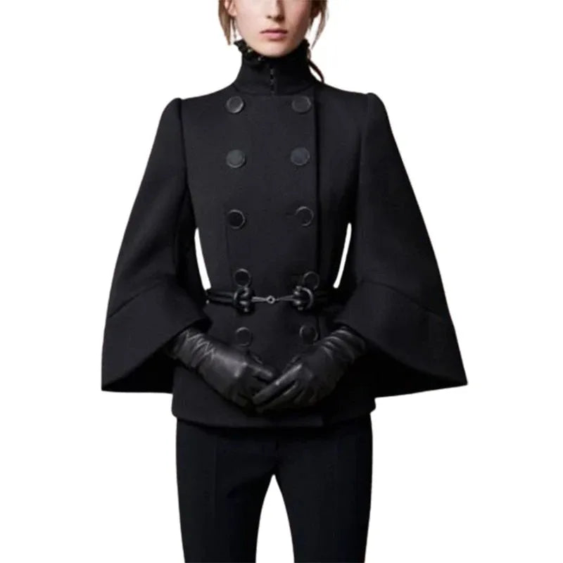 Women's Black High-Neck Buttoned Jacket with Flared Sleeves