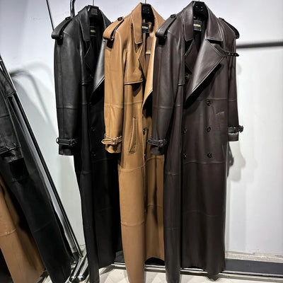 Long Real Leather Trench Coat for Women - Double Breasted Suede