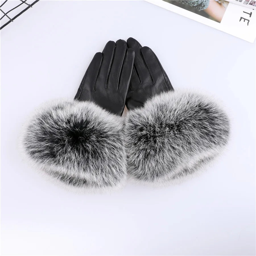 Sheepskin Leather Gloves with Fox Fur Trim – Women's Winter Mittens