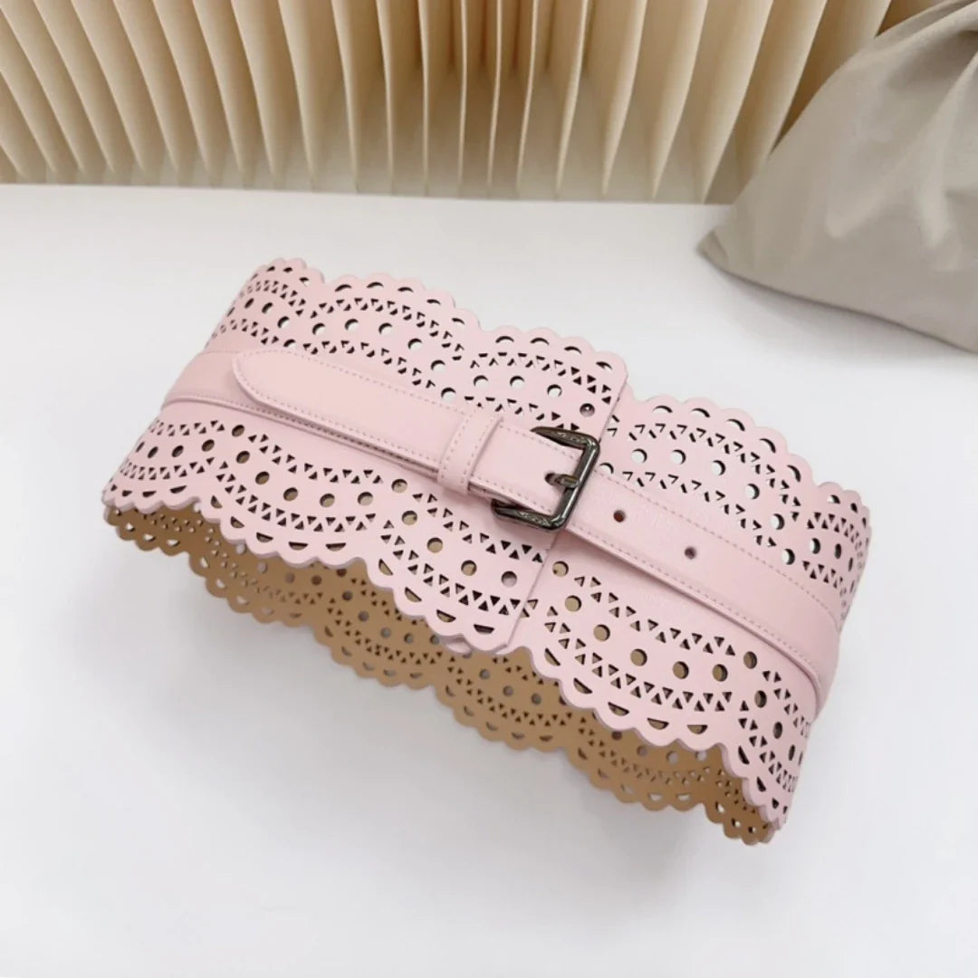 12 CM Wide Hollow Pattern Pin Buckle Waist Belt - Handmade Luxury Accessory