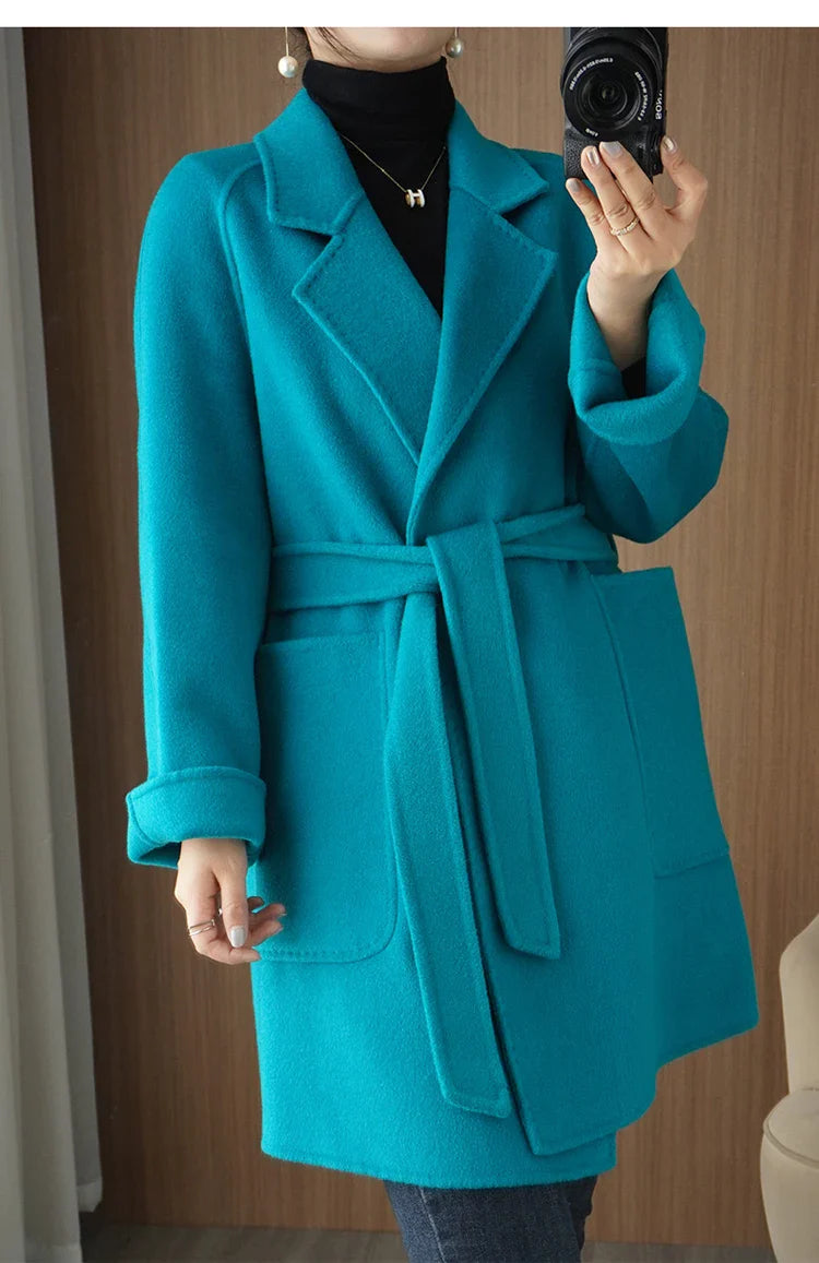 Women Double-Sided Woolen Cashmere Coat with Belt