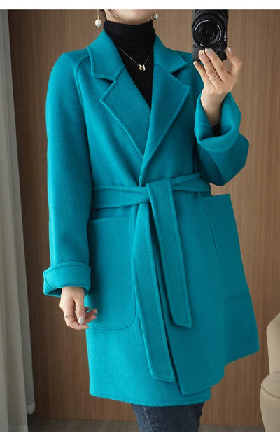 Women Double-Sided Woolen Cashmere Coat with Belt