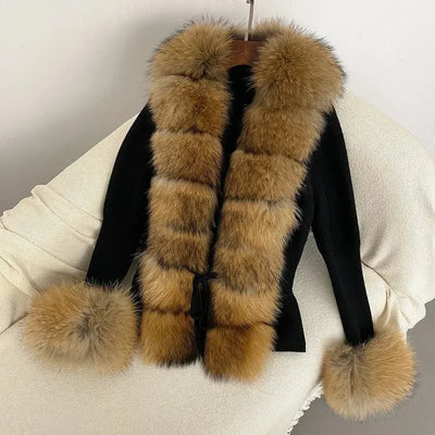 Women's Luxury Fur Coat with Detachable Fox Fur Collar - Autumn/Winter