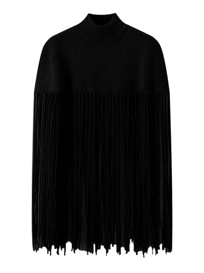 Solid Fringe Knitted Pullover Cloak for Women | Turtleneck Sleeveless Pullover