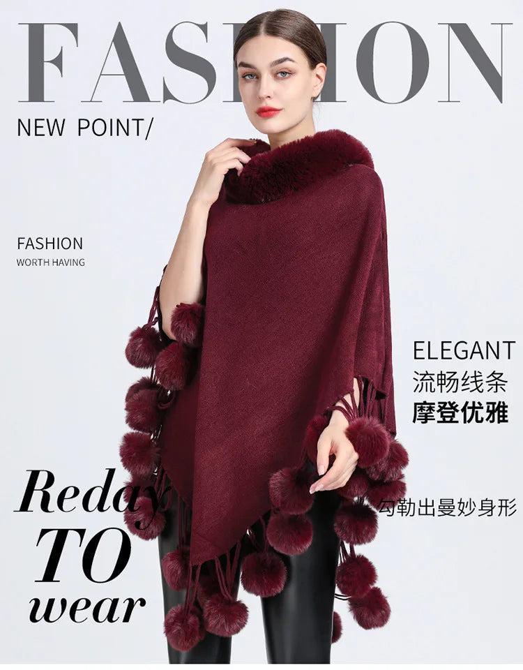 Poncho Scarf with Faux Fur Collar and Fringed Shawl
