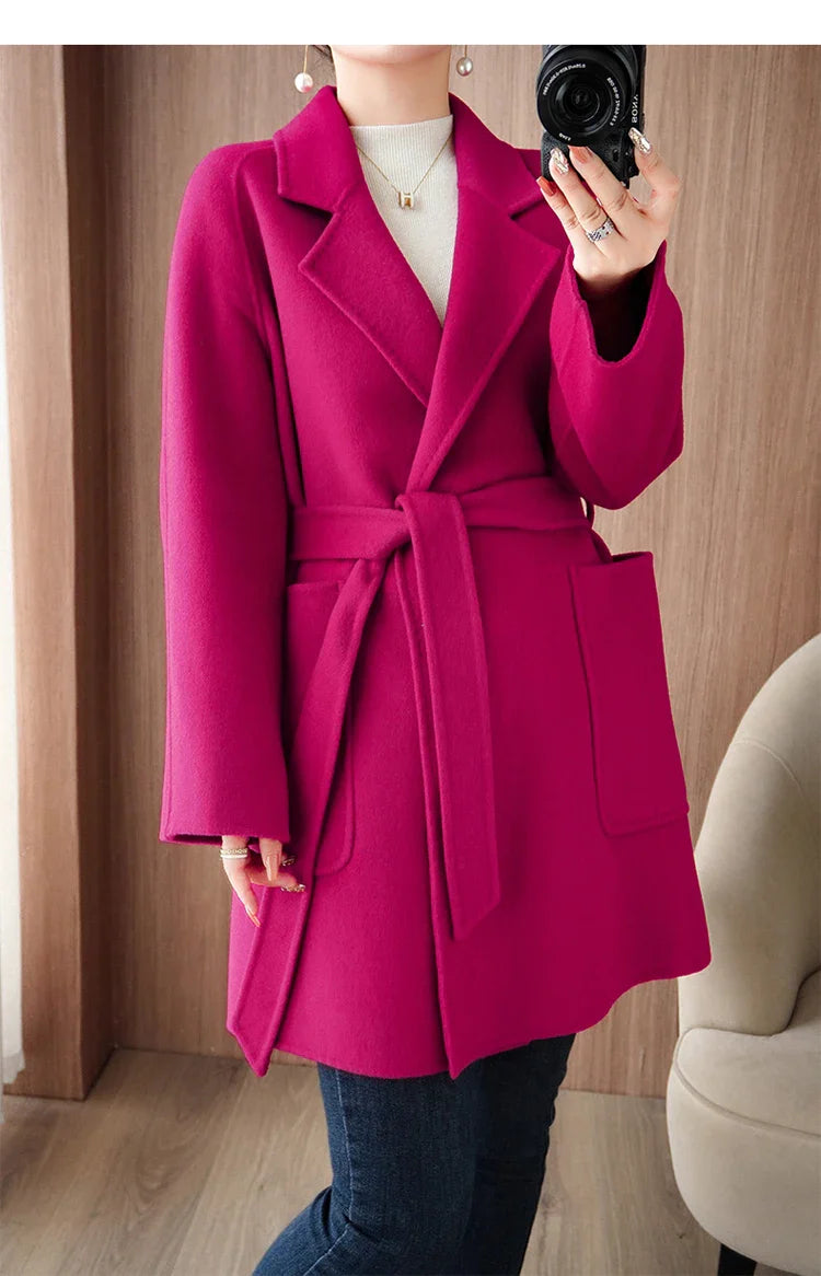 Women Double-Sided Woolen Cashmere Coat with Belt