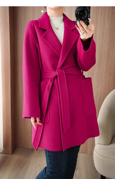 Women Double-Sided Woolen Cashmere Coat with Belt
