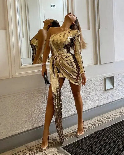 Women’s Green Pink Gold Sequined One Shoulder Party Dress