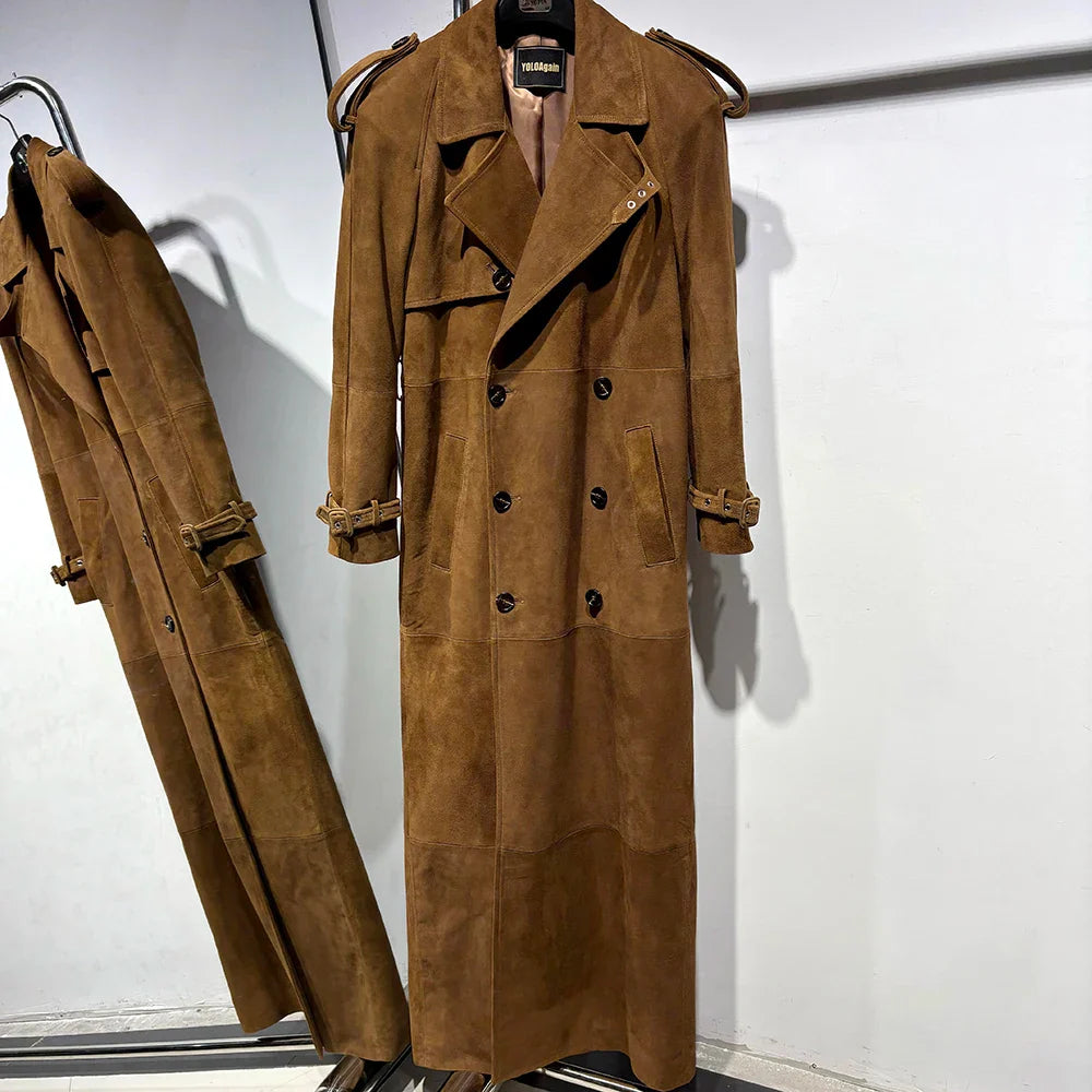 Long Real Leather Trench Coat for Women - Double Breasted Suede