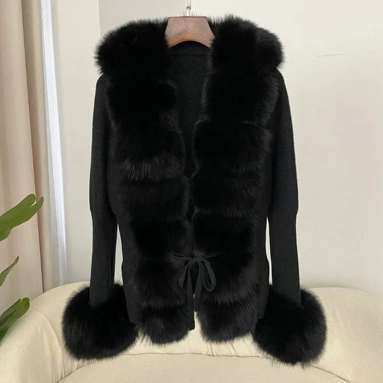 Women's Luxury Fur Coat with Detachable Fox Fur Collar - Autumn/Winter
