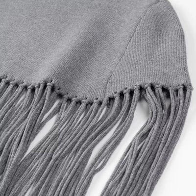 Solid Fringe Knitted Pullover Cloak for Women | Turtleneck Sleeveless Pullover
