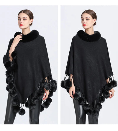 Poncho Scarf with Faux Fur Collar and Fringed Shawl