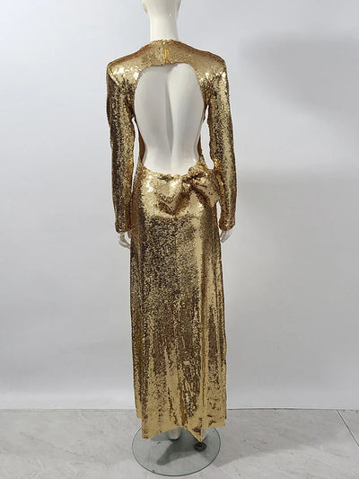 Gold Sequin Backless Evening Dress with Bow - Slim Fit, Long Sleeves