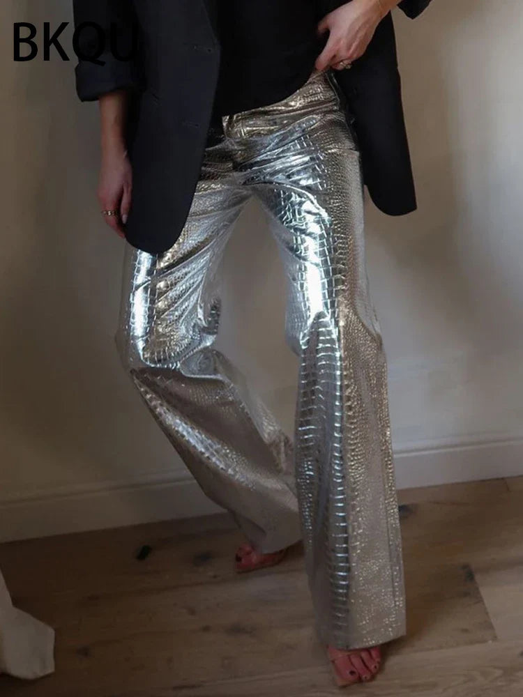 High Waisted Baggy PU Pants | Silver & Gold Loose Trousers