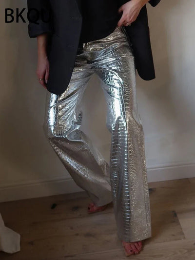 High Waisted Baggy PU Pants | Silver & Gold Loose Trousers