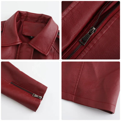 Red PU Leather Waist Lace-Up Long Jacket - Women's Fashion Overcoat