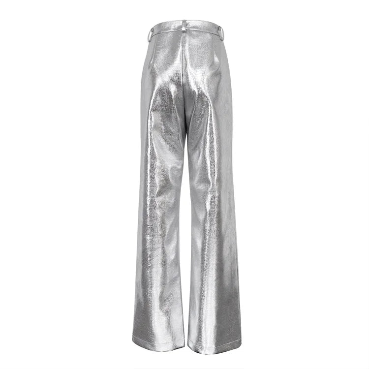 High Waisted Baggy PU Pants | Silver & Gold Loose Trousers