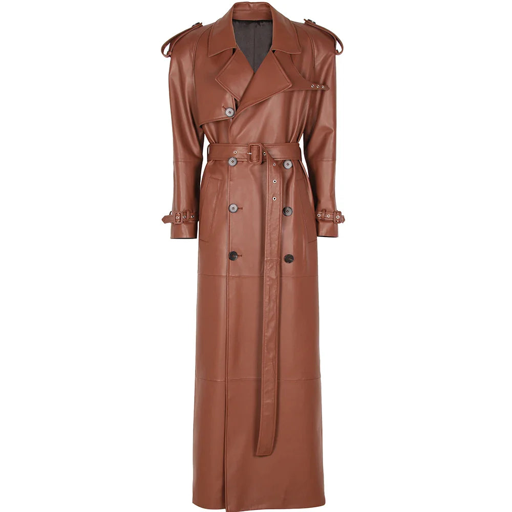 Long Real Leather Trench Coat for Women - Double Breasted Suede