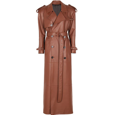 Long Real Leather Trench Coat for Women - Double Breasted Suede