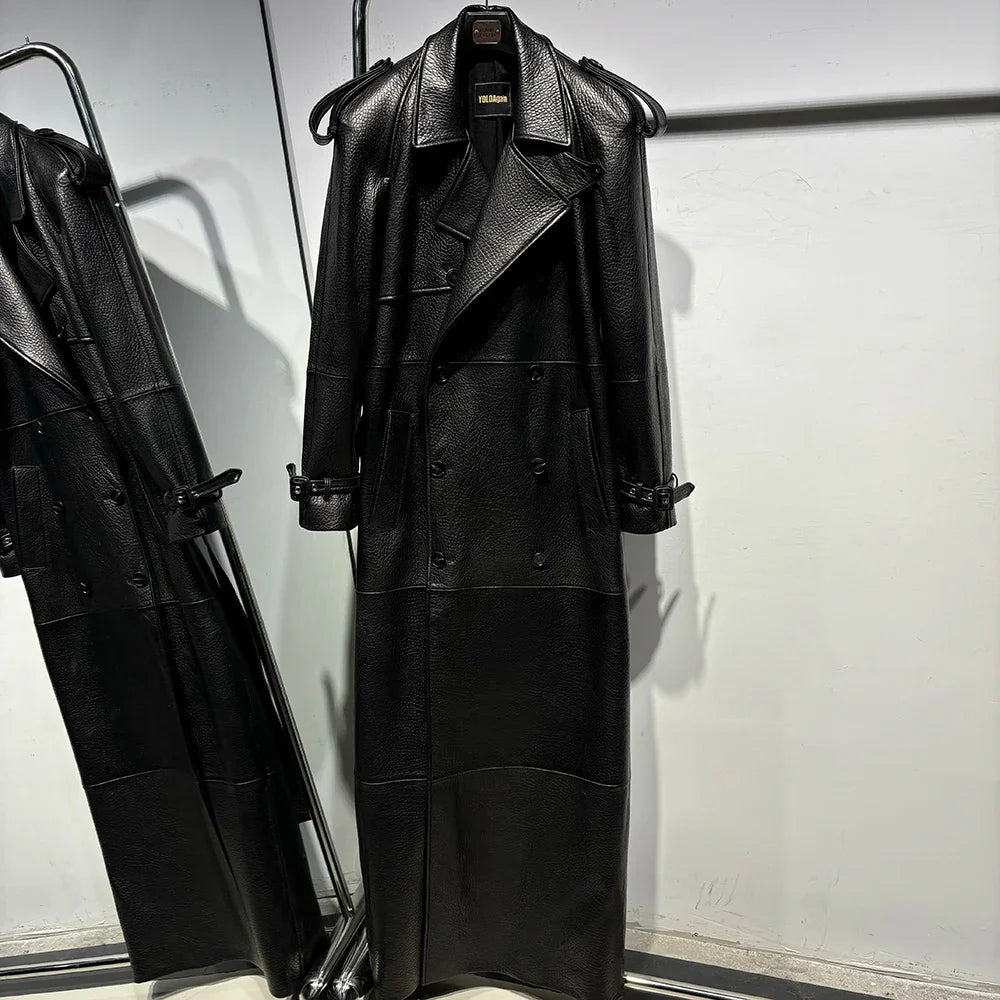 Long Real Leather Trench Coat for Women - Double Breasted Suede