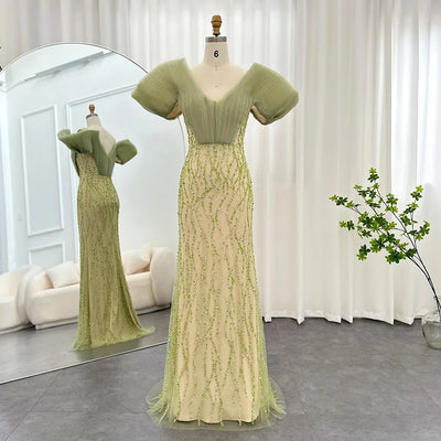 Luxury Dubai Sage Green Mermaid Evening Dress - Off Shoulder Formal Party Gown