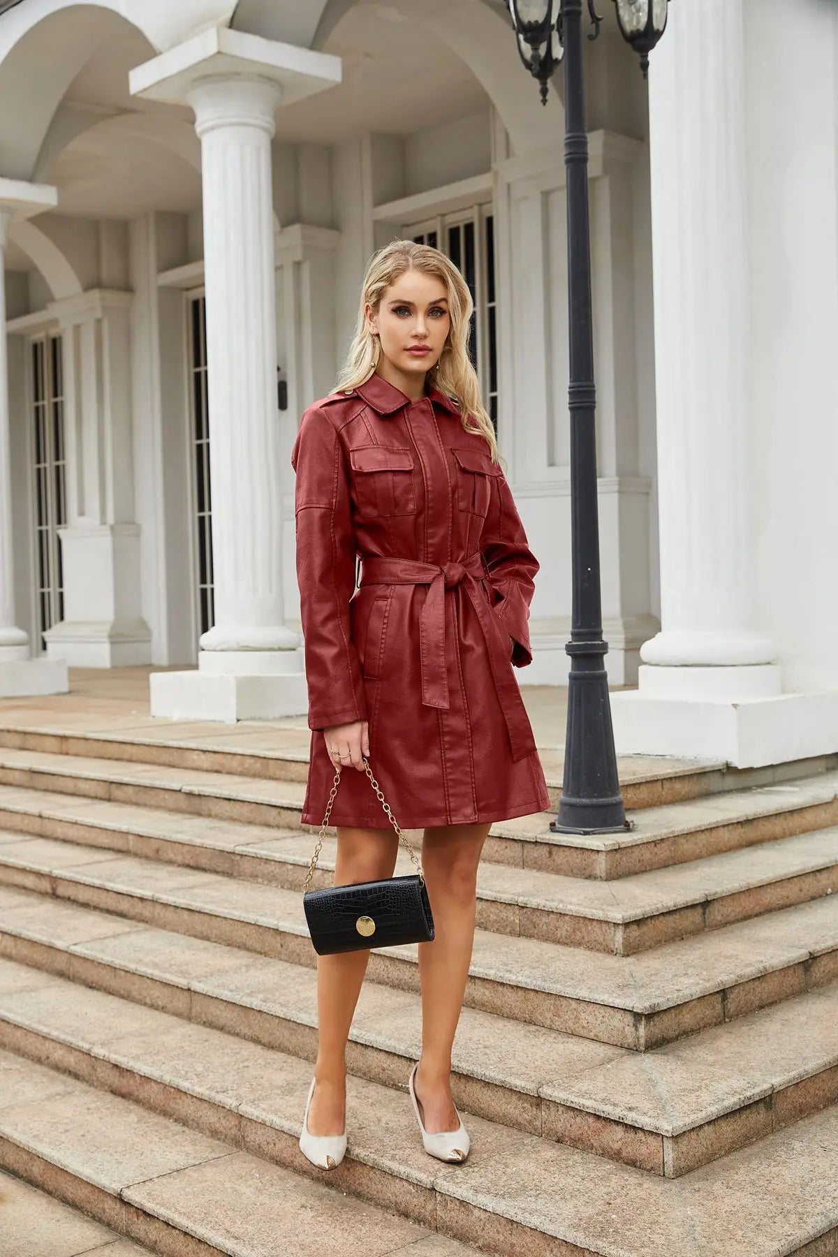 Red PU Leather Waist Lace-Up Long Jacket - Women's Fashion Overcoat