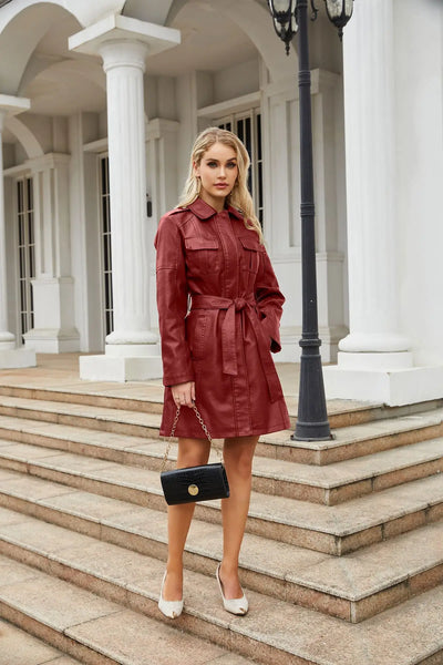 Red PU Leather Waist Lace-Up Long Jacket - Women's Fashion Overcoat