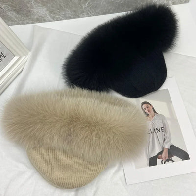 Stylish Winter Beanie Hat with Natural Fox Fur