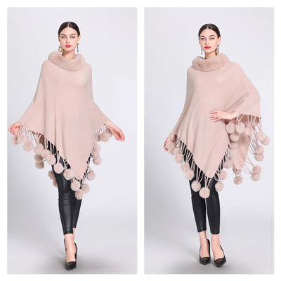 Poncho Scarf with Faux Fur Collar and Fringed Shawl