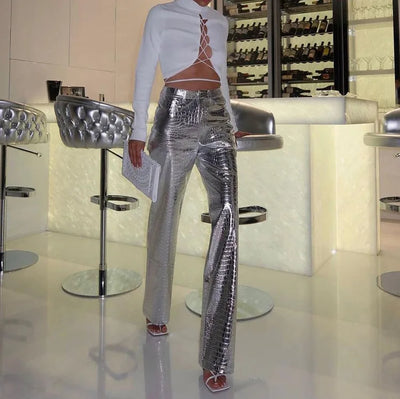 High Waisted Baggy PU Pants | Silver & Gold Loose Trousers