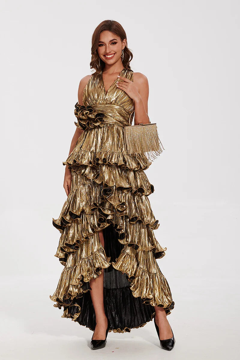 Elegant Ruffle Maxi Prom Dress - Sleeveless V-Neck Evening Gown