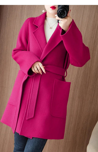 Women Double-Sided Woolen Cashmere Coat with Belt