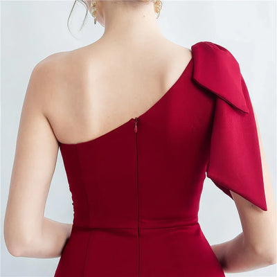 Candy Color Satin One-Shoulder Evening Dress with Slit and Appliques
