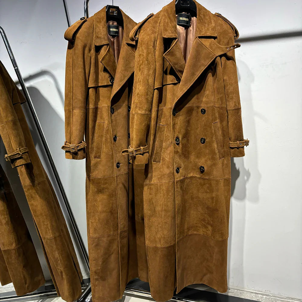 Long Real Leather Trench Coat for Women - Double Breasted Suede