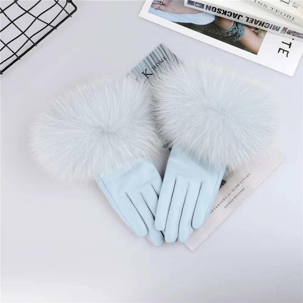 Sheepskin Leather Gloves with Fox Fur Trim – Women's Winter Mittens