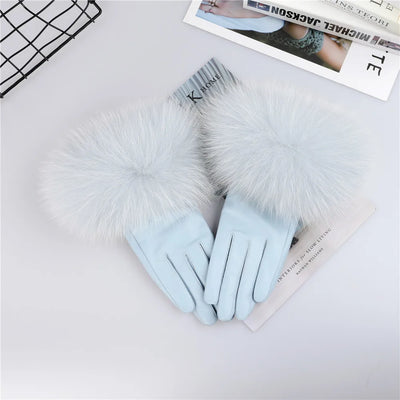 Sheepskin Leather Gloves with Fox Fur Trim – Women's Winter Mittens