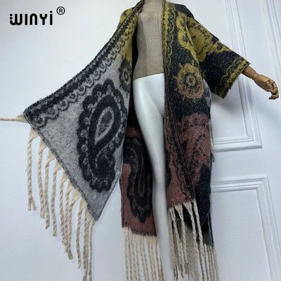 Winter Coat for Women - Luxury Cashew Print Long Overcoat with Tassels