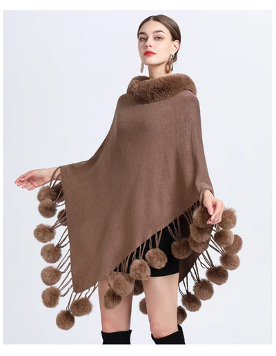 Poncho Scarf with Faux Fur Collar and Fringed Shawl