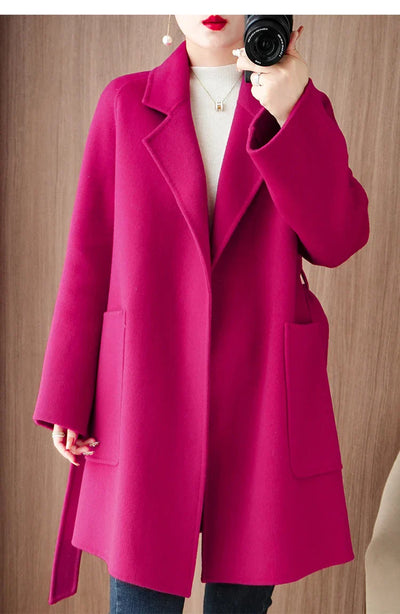 Women Double-Sided Woolen Cashmere Coat with Belt