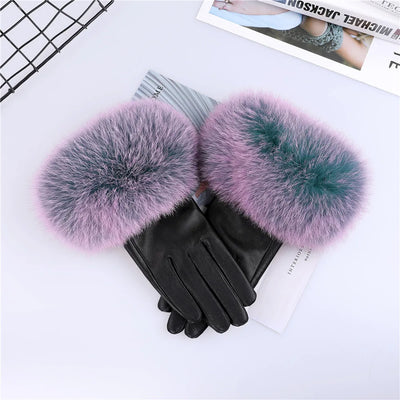 Sheepskin Leather Gloves with Fox Fur Trim – Women's Winter Mittens