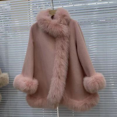 Women's Winter Real Fur Coat with Natural Fox Fur Collar and Wool Blend