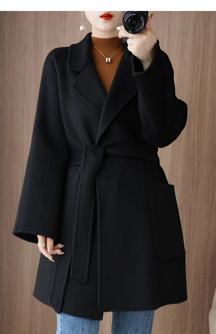 Women Double-Sided Woolen Cashmere Coat with Belt