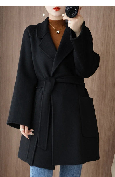 Women Double-Sided Woolen Cashmere Coat with Belt