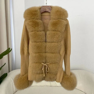 Women's Luxury Fur Coat with Detachable Fox Fur Collar - Autumn/Winter
